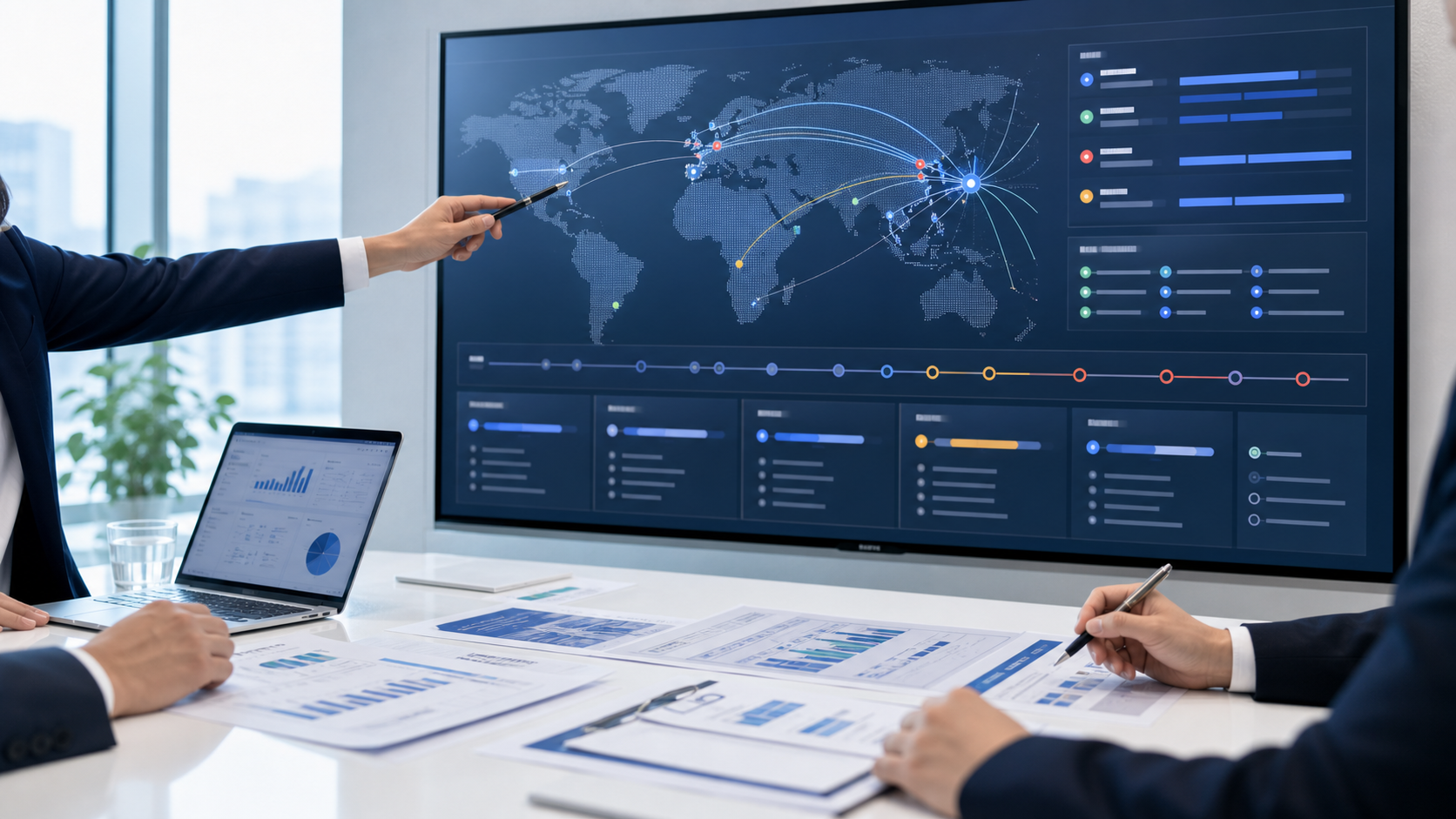 Global oncology development strategy meeting with a world map and clinical trial pathway dashboard