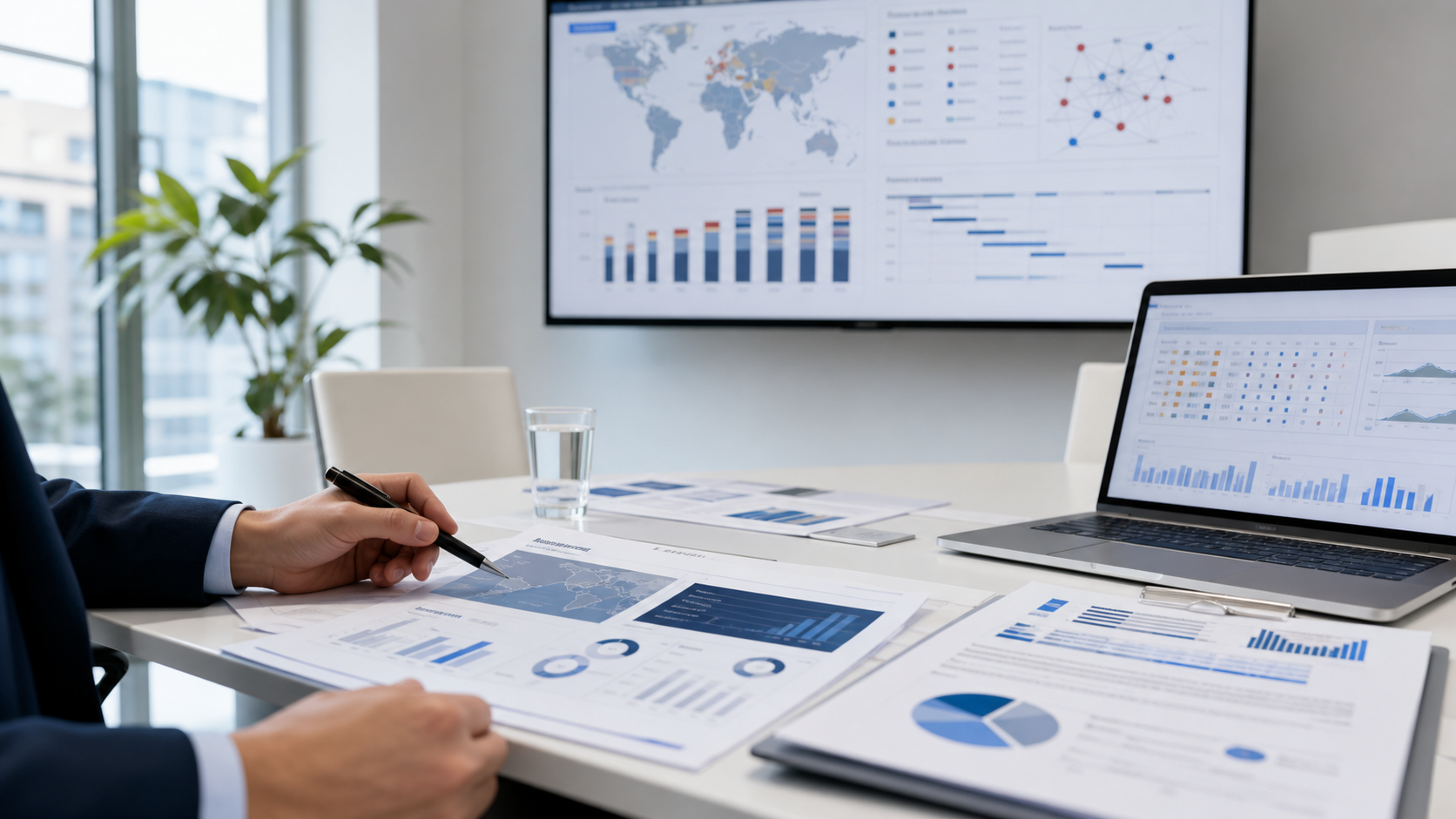 Competitive intelligence reports and oncology trial landscape charts in a bright strategy meeting room